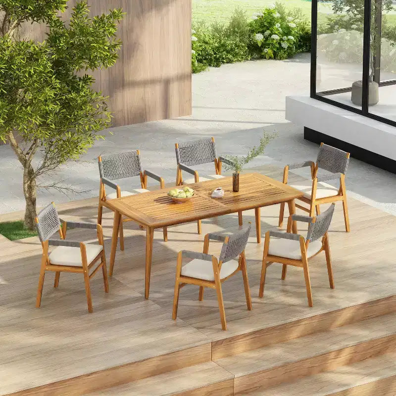 Christopher Knight Home Quinn 7 Pieces Patio Slat Design Acacia Upholstered Dining Set