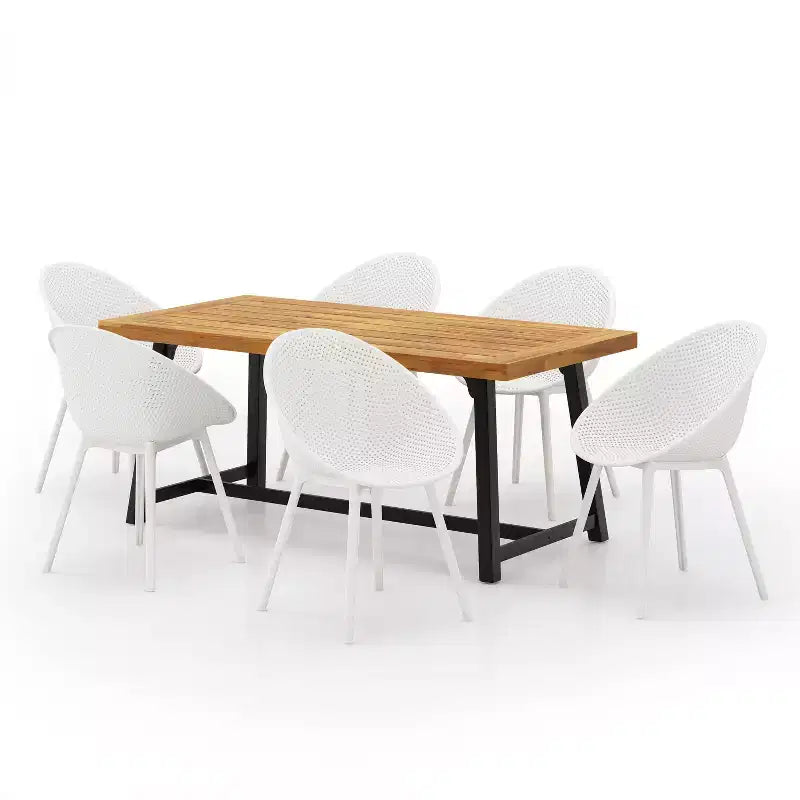Christopher Knight Home Virella 7-teiliges modernes Outdoor-Essgarnitur-Set aus Akazienholz und Polypropylen