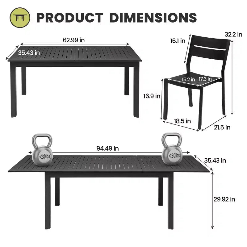 Crestlive Products 9pc Patio Expandable Dining Set Aluminum Outdoor Rectangular Table for 6 to 8 with Chairs