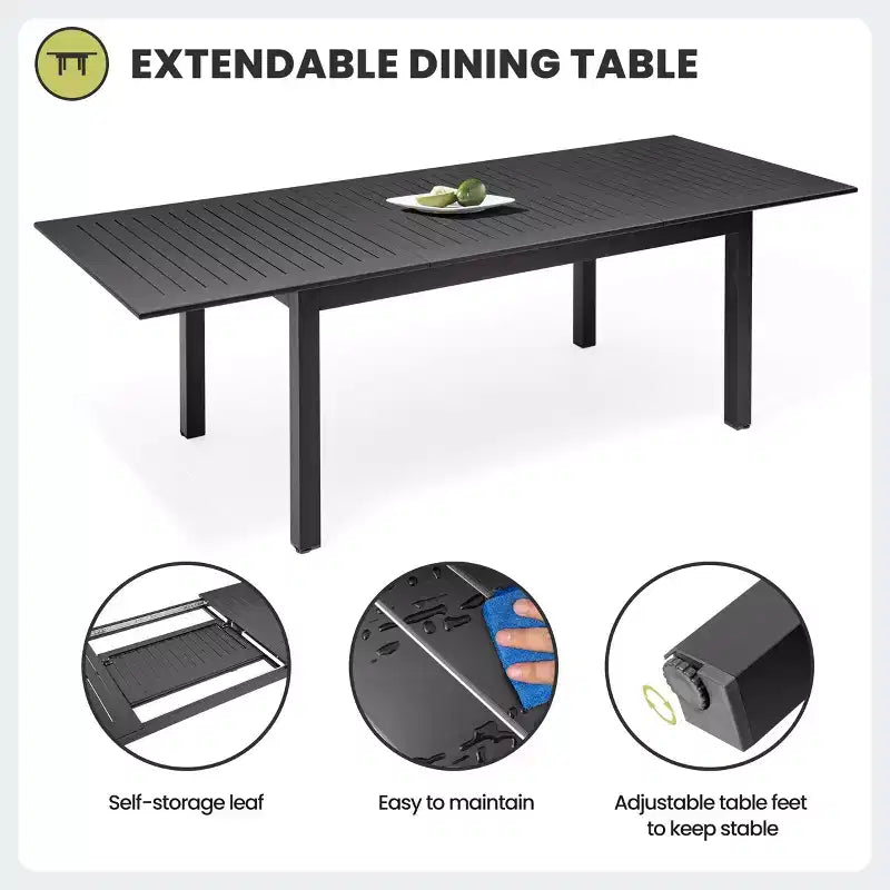 Crestlive Products 9pc Patio Expandable Dining Set Aluminum Outdoor Rectangular Table for 6 to 8 with Chairs