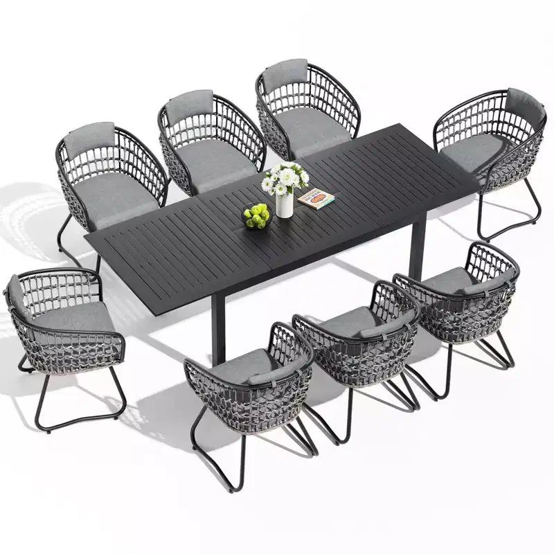 Crestlive Products 9pc Patio Expandable Dining Set Aluminum Outdoor Rectangular Table for 6 to 8 with Ratten Chairs
