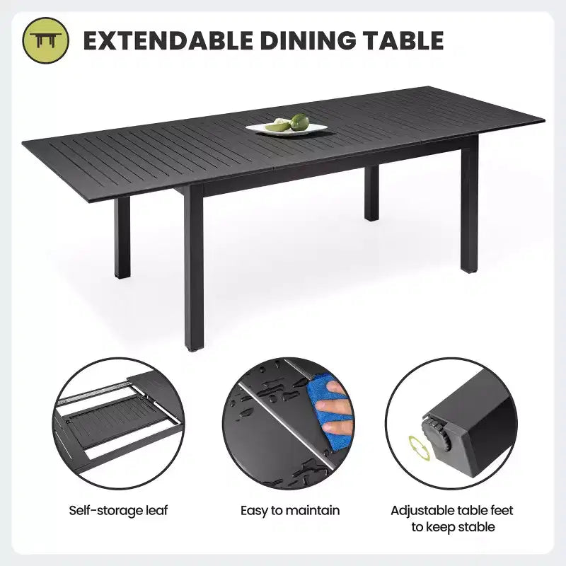 Crestlive Products 9pc Patio Expandable Dining Set Aluminum Outdoor Rectangular Table for 6 to 8 with Ratten Chairs