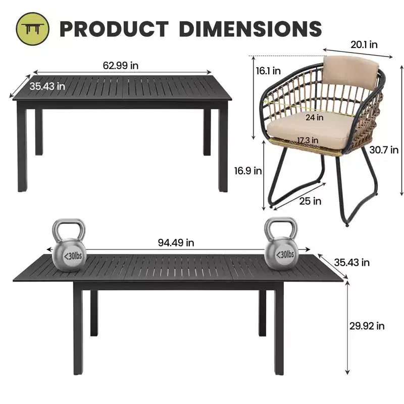 Crestlive Products 9pc Patio Expandable Dining Set Aluminum Outdoor Rectangular Table for 6 to 8 with Ratten Chairs