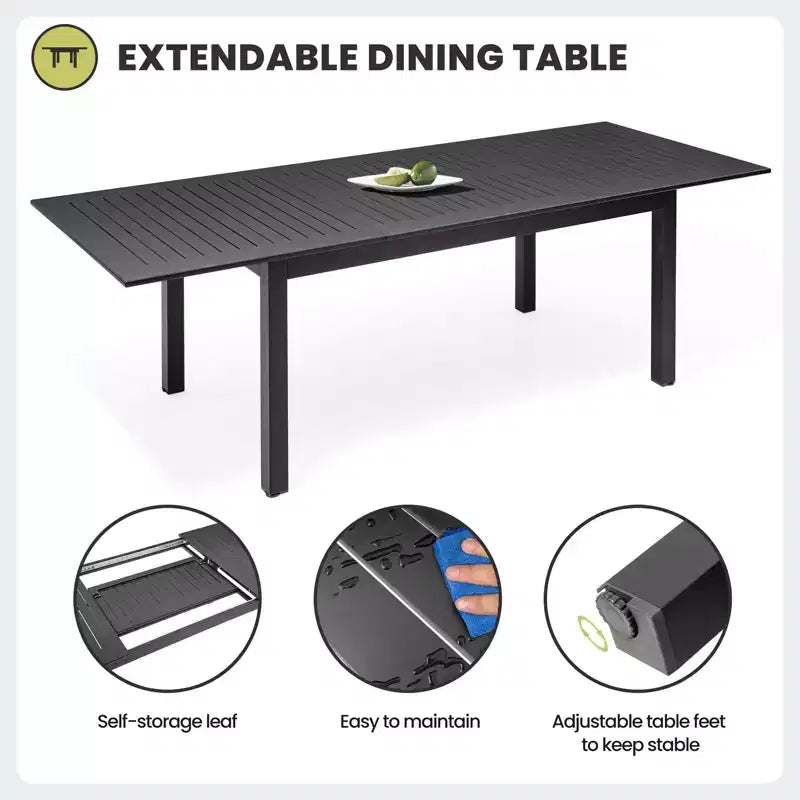 Crestlive Products 9pc Patio Expandable Dining Set Aluminum Outdoor Rectangular Table for 6 to 8 with Ratten Chairs