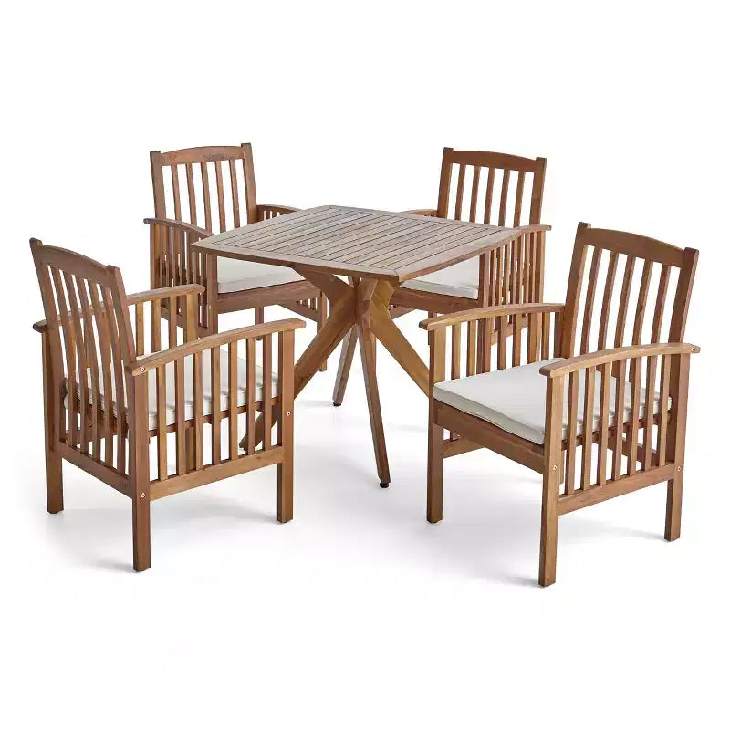 Christopher Knight Home Valmont Outdoor Acacia Wood 5 Piece Dining Set with Cushion, Teak/Cream