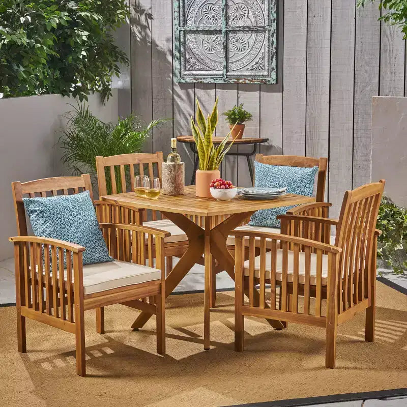 Christopher Knight Home Valmont Outdoor Acacia Wood 5 Piece Dining Set with Cushion, Teak/Cream