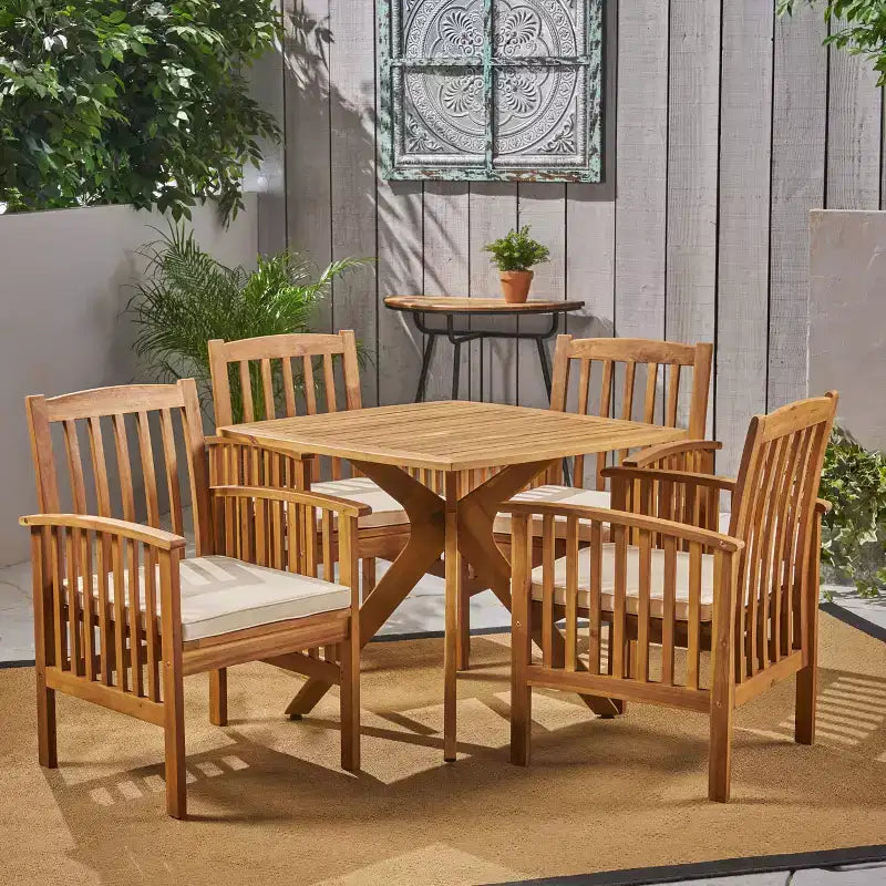 Christopher Knight Home Valmont Outdoor Acacia Wood 5 Piece Dining Set with Cushion, Teak/Cream