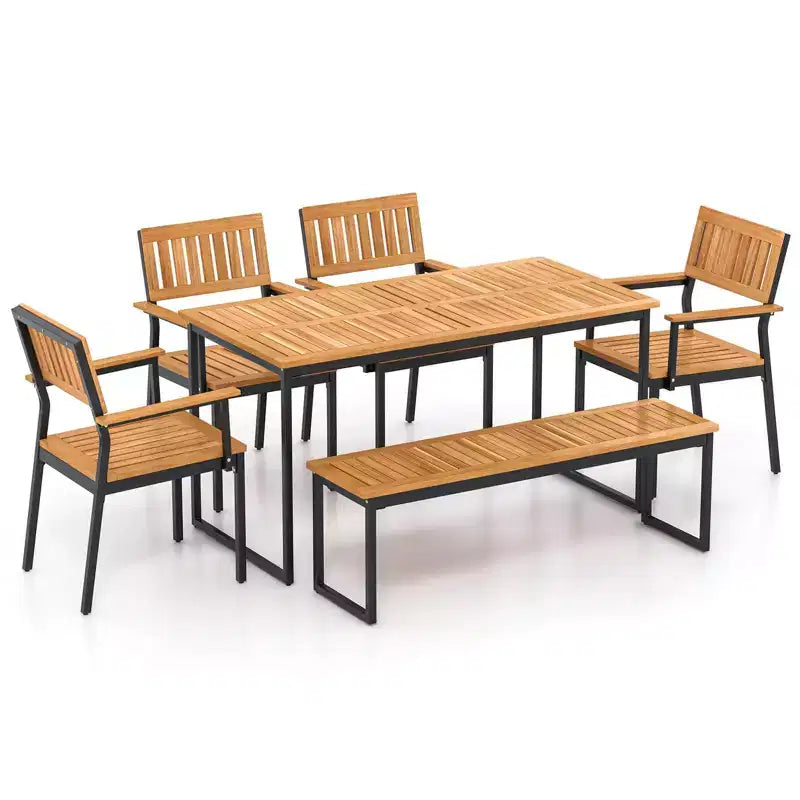 Costway 6 PCS Outdoor Acacia Wood Dining Set with Bench 2 Umbrella Hole for 6-7 People