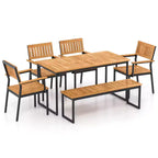Costway 6 PCS Outdoor Acacia Wood Dining Set with Bench 2 Umbrella Hole for 6-7 People