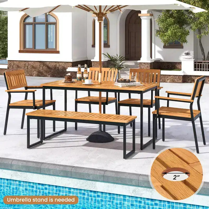 Costway 6 PCS Outdoor Acacia Wood Dining Set with Bench 2 Umbrella Hole for 6-7 People