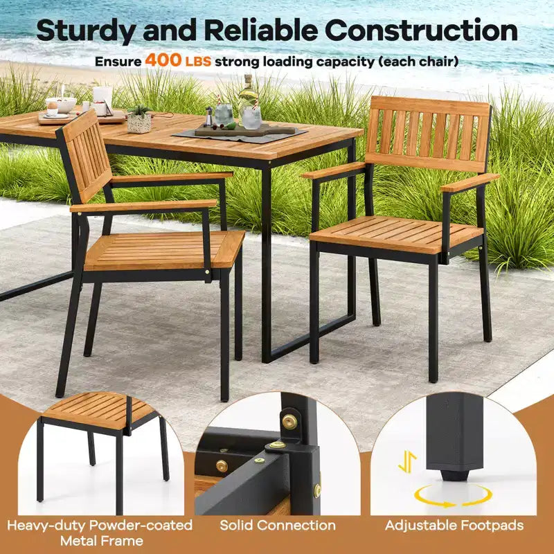 Costway 6 PCS Outdoor Acacia Wood Dining Set with Bench 2 Umbrella Hole for 6-7 People