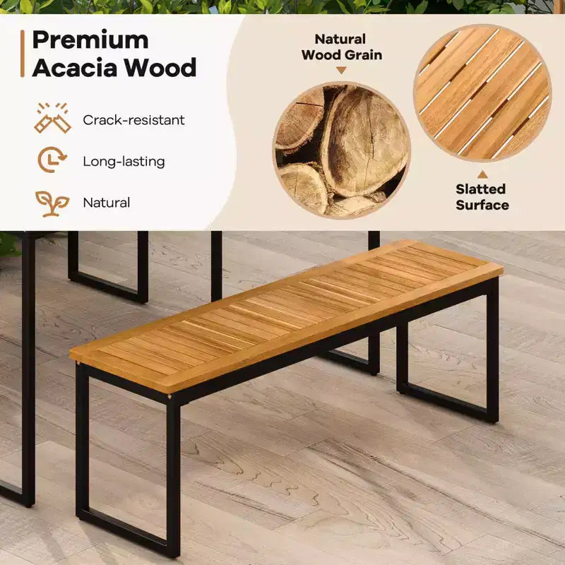 Costway 6 PCS Outdoor Acacia Wood Dining Set with Bench 2 Umbrella Hole for 6-7 People