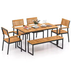 Costway 6 PCS Outdoor Acacia Wood Dining Set with Bench 2 Umbrella Hole for 6-7 People