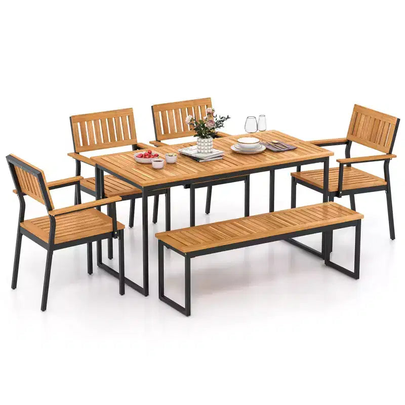 Costway 6 PCS Outdoor Acacia Wood Dining Set with Bench 2 Umbrella Hole for 6-7 People