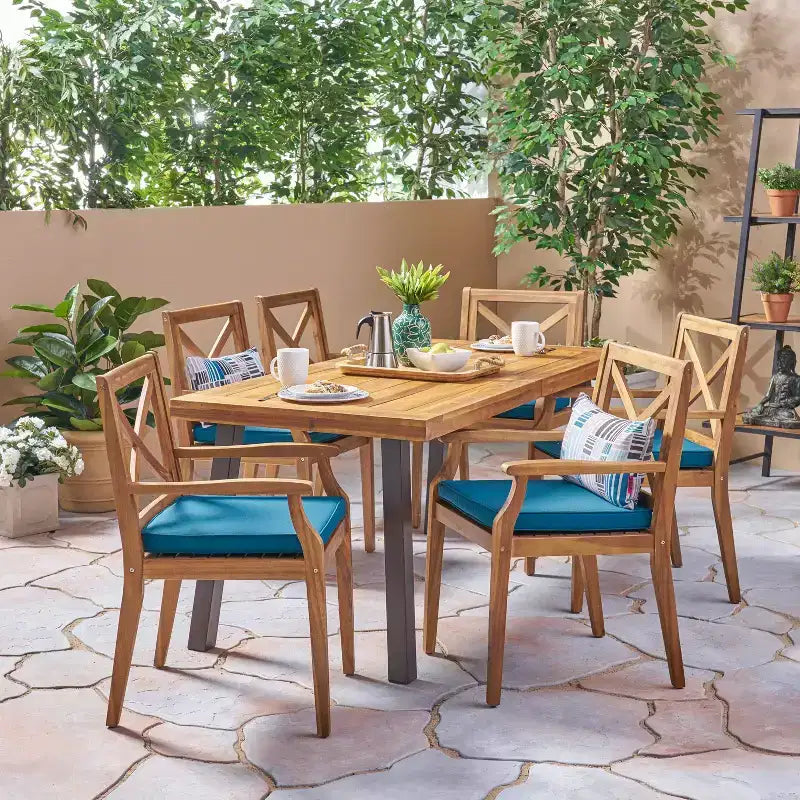 Christopher Knight Home Safire Outdoor Acacia Wood 7 Piece Dining Set with Cushion