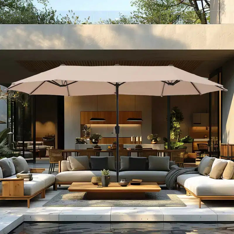 Captiva Designs 8Pc Outdoor Steel Rectangle Dining Table & Cushioned Metal Chairs & Market Umbrella