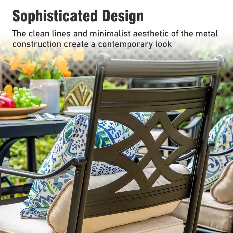 Captiva Designs 8Pc Outdoor Steel Rectangle Dining Table & Cushioned Metal Chairs & Market Umbrella