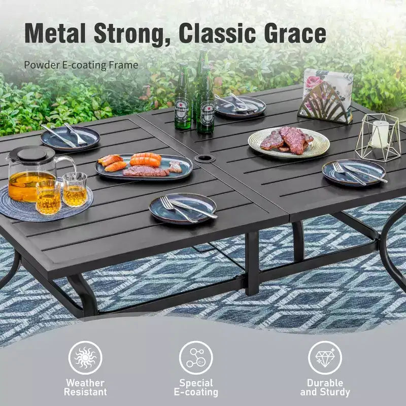 Captiva Designs 8Pc Outdoor Steel Rectangle Dining Table & Cushioned Metal Chairs & Market Umbrella