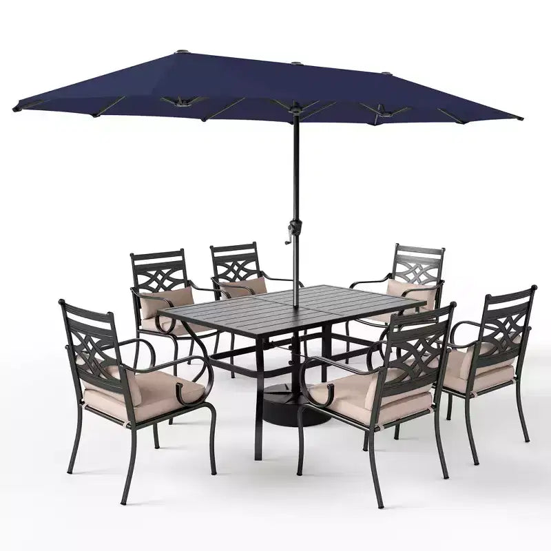 Captiva Designs 8-teiliges Outdoor-Set mit rechteckigem Esstisch aus Stahl, gepolsterten Metallstühlen und Marktschirm