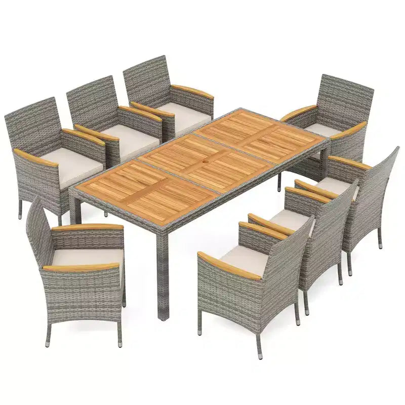 Costway 9 PCS Patio Dining Set for 8 Table and PE Rattan Chairs with 2 Umbrella Hole Navy/White