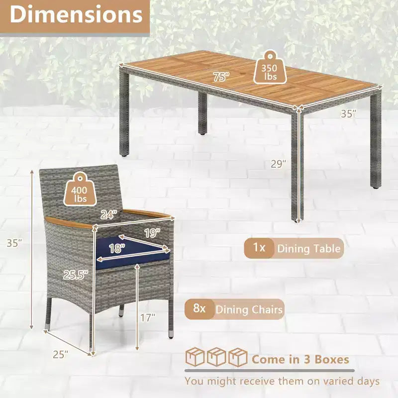 Costway 9 PCS Patio Dining Set for 8 Table and PE Rattan Chairs with 2 Umbrella Hole Navy/White