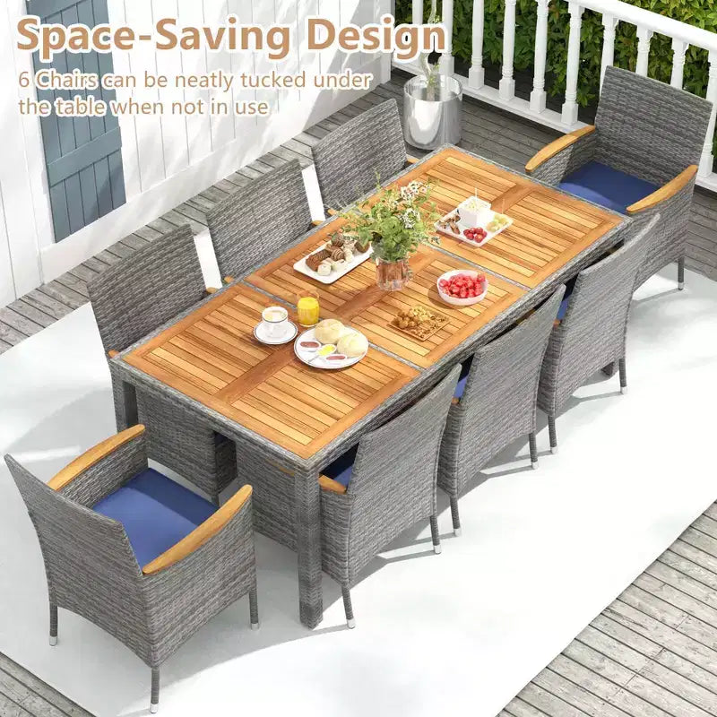 Costway 9 PCS Patio Dining Set for 8 Table and PE Rattan Chairs with 2 Umbrella Hole Navy/White