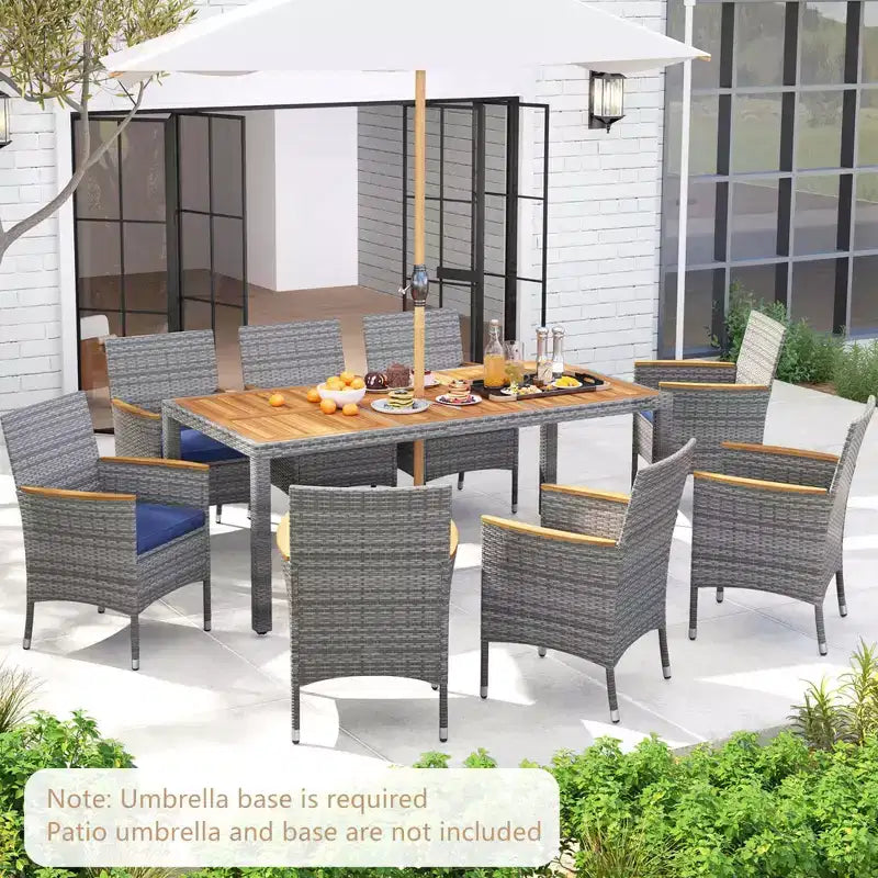 Costway 9 PCS Patio Dining Set for 8 Table and PE Rattan Chairs with 2 Umbrella Hole Navy/White
