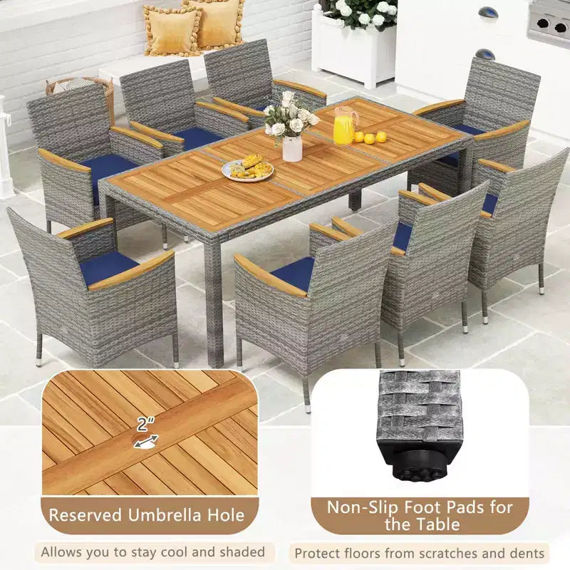 Costway 9 PCS Patio Dining Set for 8 Table and PE Rattan Chairs with 2 Umbrella Hole Navy/White