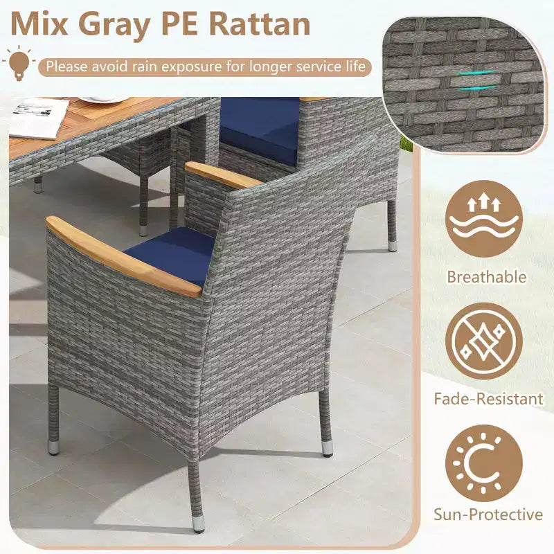 Costway 9 PCS Patio Dining Set for 8 Table and PE Rattan Chairs with 2 Umbrella Hole Navy/White