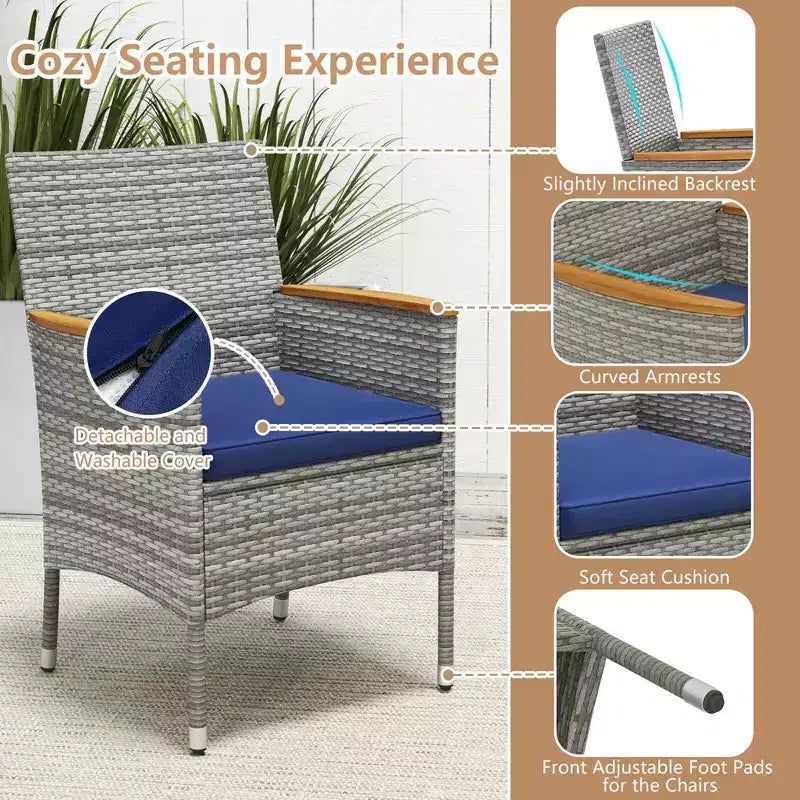 Costway 9 PCS Patio Dining Set for 8 Table and PE Rattan Chairs with 2 Umbrella Hole Navy/White