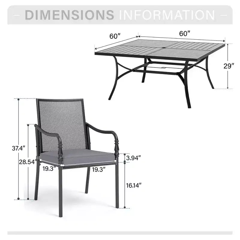 Captiva Designs 9pc Patio Dining Set with Spacious Slat-top Square Metal Table & Steel Frame Chairs
