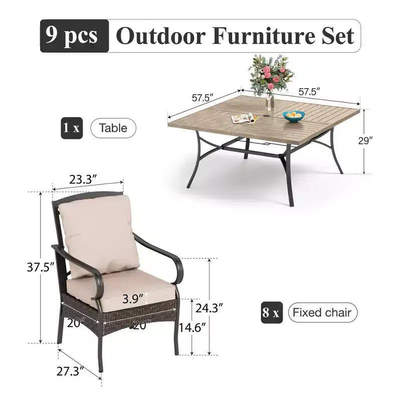 Captiva Designs 9pc Spacious Slat-top Square Metal Table & Rattan Metal Chairs with Thick Cushions