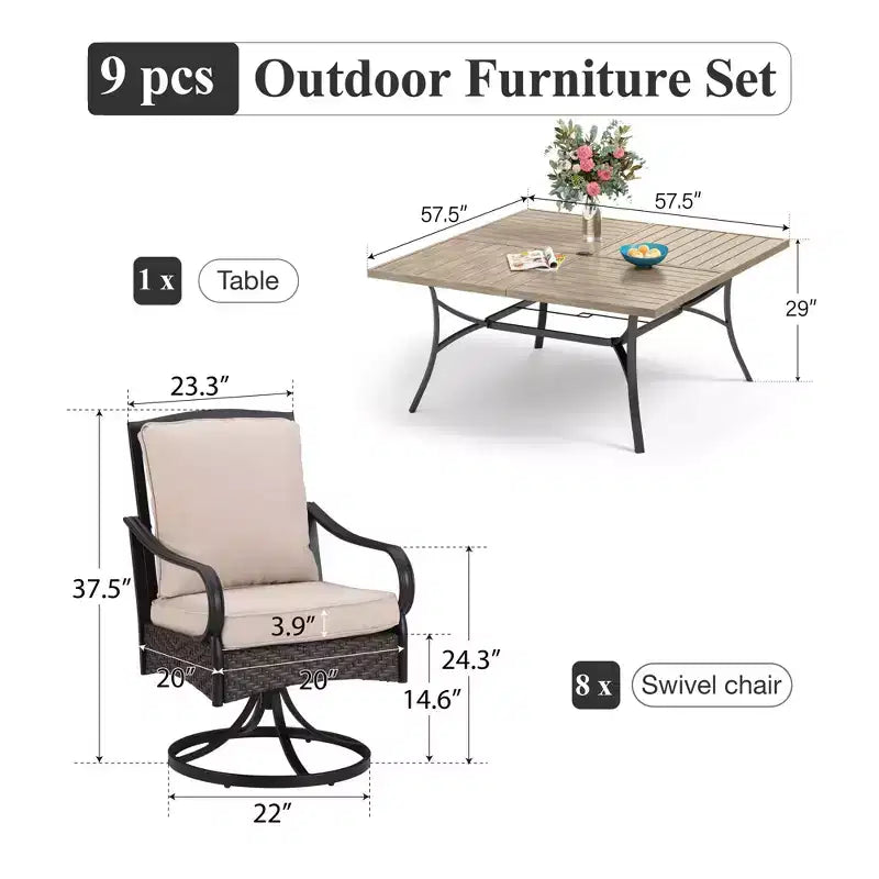 Captiva Designs 9pc Spacious Slat-top Square Metal Table & Rattan Metal Chairs with Thick Cushions