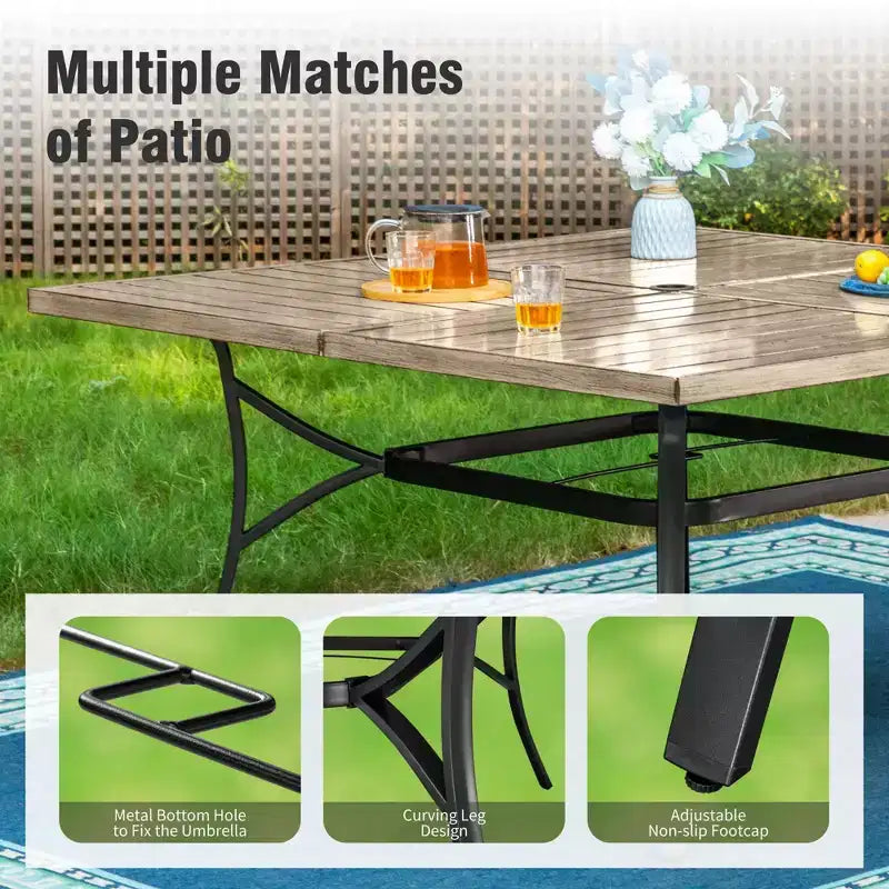 Captiva Designs 9pc Patio Dining Set with Spacious Slat-top Square Metal Table & Beige Rattan Chairs