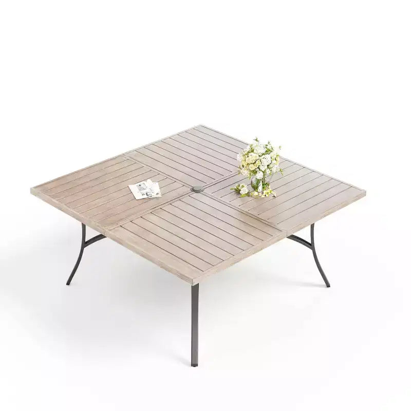 Captiva Designs 9pc Patio Dining Set with Spacious Slat-top Square Metal Table & Beige Rattan Chairs
