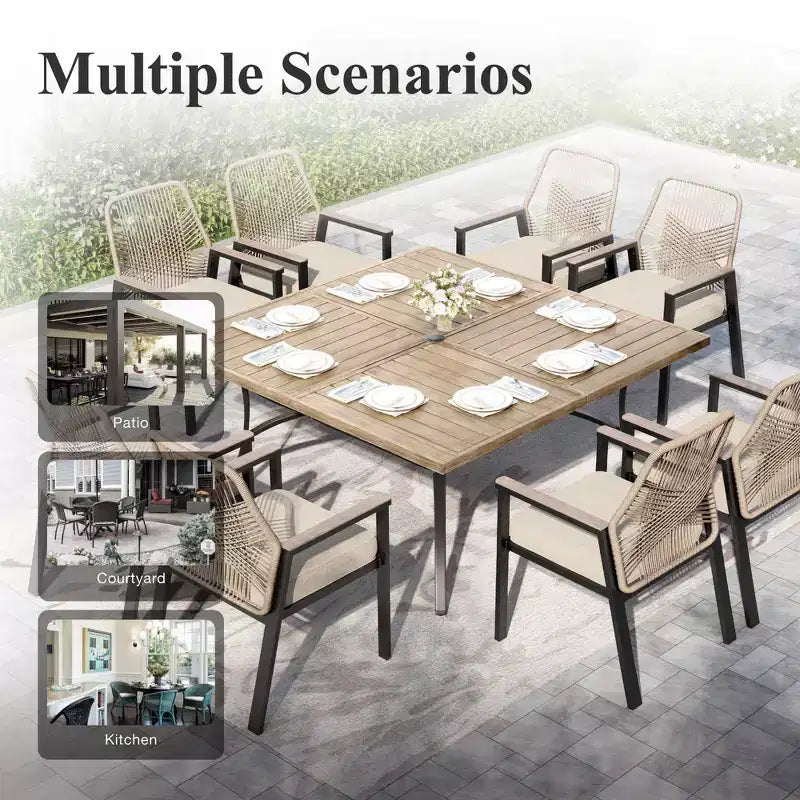 Captiva Designs 9pc Patio Dining Set with Spacious Slat-top Square Metal Table & Beige Rattan Chairs