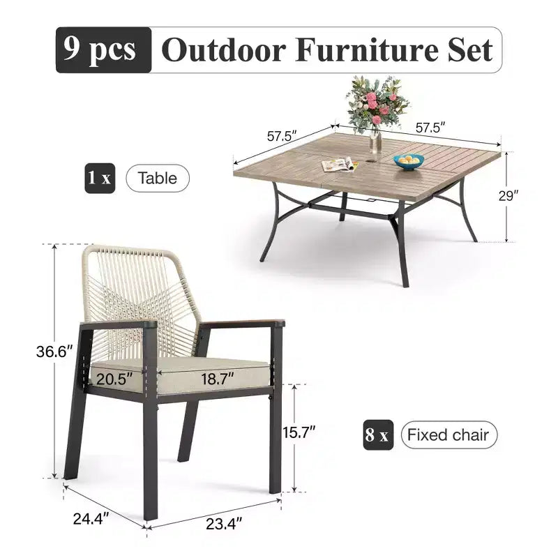 Captiva Designs 9pc Patio Dining Set with Spacious Slat-top Square Metal Table & Beige Rattan Chairs
