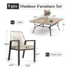 Captiva Designs 9pc Patio Dining Set with Spacious Slat-top Square Metal Table & Beige Rattan Chairs