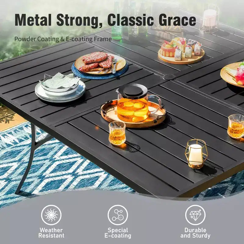 Captiva Designs 9pc Patio Dining Set with Spacious Slat-top Square Metal Table & Beige Rattan Chairs