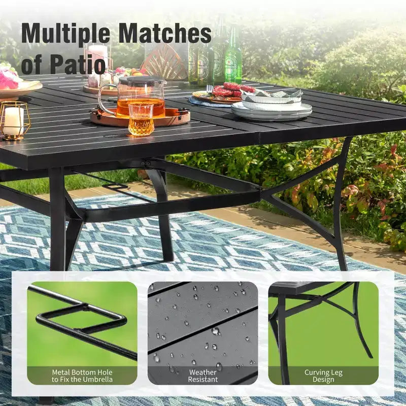 Captiva Designs 9pc Patio Dining Set with Spacious Slat-top Square Metal Table & Beige Rattan Chairs