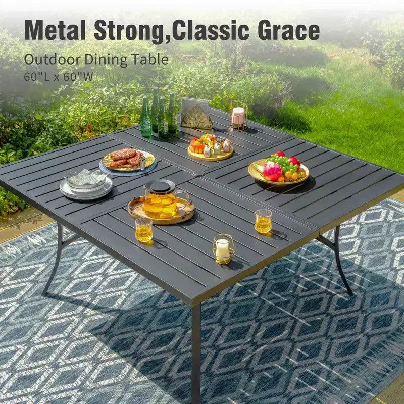 Captiva Designs 9pc Patio Dining Set with Spacious Slat-top Square Metal Table & Beige Rattan Chairs