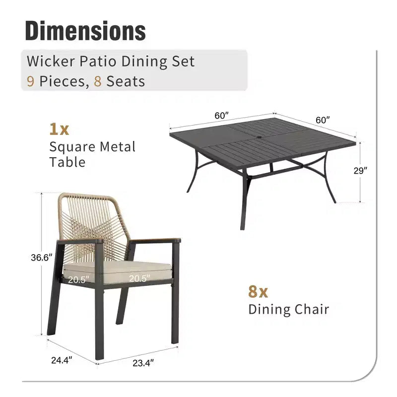 Captiva Designs 9pc Patio Dining Set with Spacious Slat-top Square Metal Table & Beige Rattan Chairs