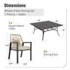 Captiva Designs 9pc Patio Dining Set with Spacious Slat-top Square Metal Table & Beige Rattan Chairs