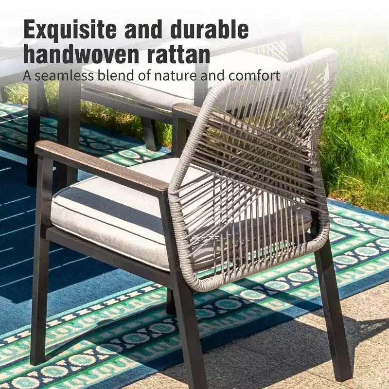 Captiva Designs 9pc Patio Dining Set with Spacious Slat-top Square Metal Table & Beige Rattan Chairs
