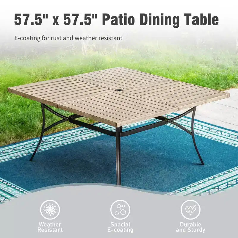 Captiva Designs 9pc Patio Dining Set with Spacious Slat-top Square Metal Table & Beige Rattan Chairs