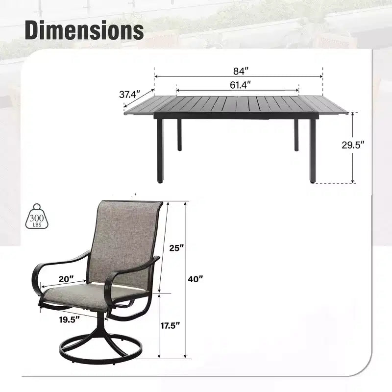Captiva Designs 9pc Patio Dining Set with Slat-top Adjustable Steel Rectangle Table & Textilene Swivel Chairs