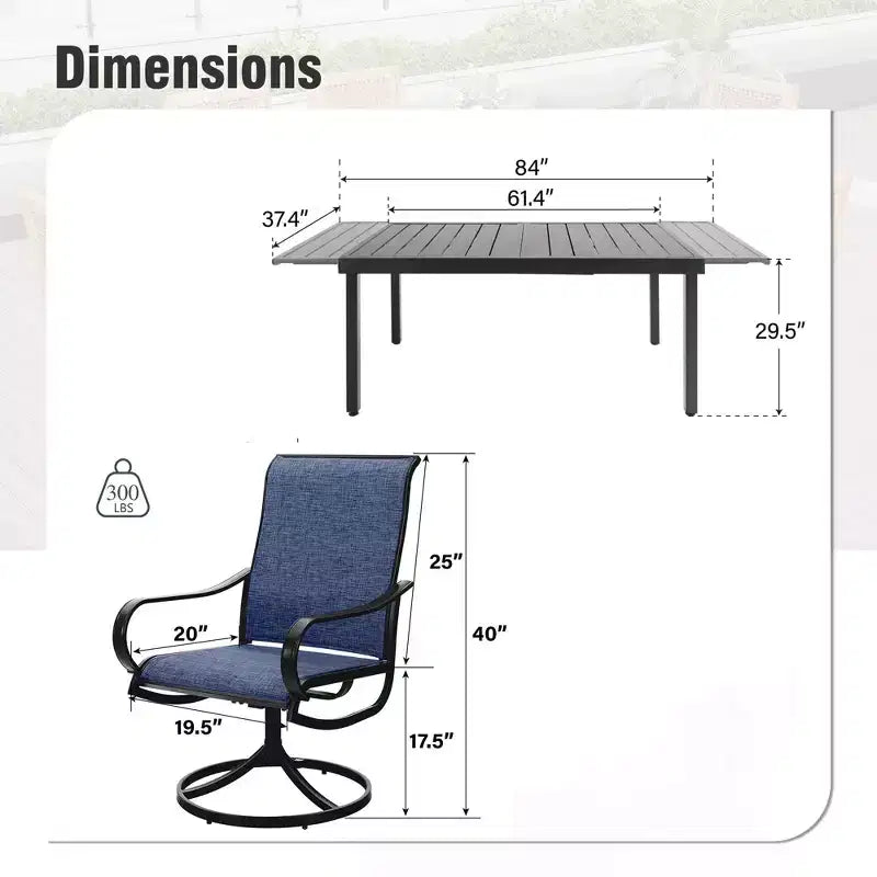 Captiva Designs 9pc Patio Dining Set with Slat-top Adjustable Steel Rectangle Table & Textilene Swivel Chairs