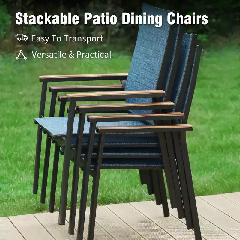 Captiva Designs 9pc Patio Slat-top Square Metal Dining Table & Stackable Textilene Aluminum Chairs