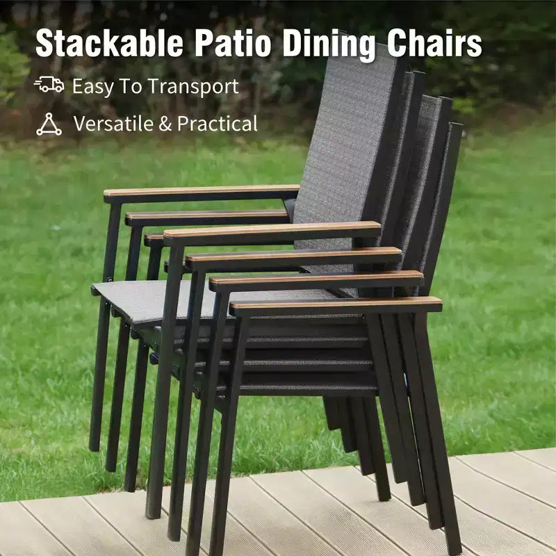 Captiva Designs 9pc Patio Slat-top Square Metal Dining Table & Stackable Textilene Aluminum Chairs
