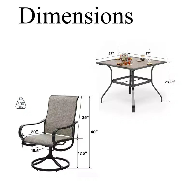 Captiva Designs 5pc Patio Wood-look Square Dining Table with Umbrella Hole & Textilene Swivel Chairs